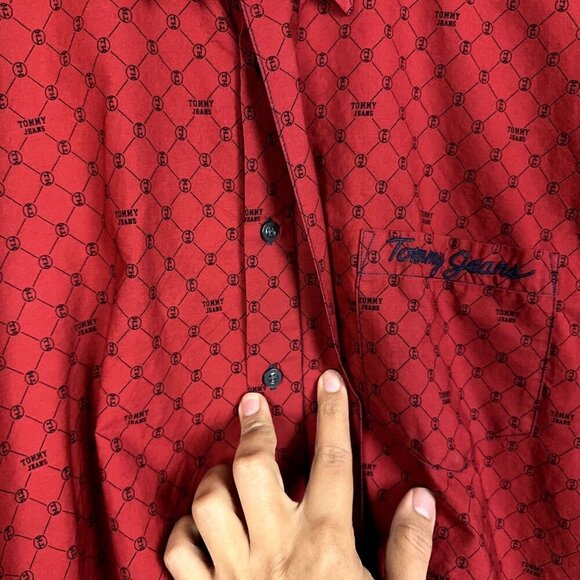 Y2K Tommy Jeans Shirt Mens XL Red Button Up Long Sleeve Logo - Picture 8 of 12